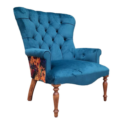 Selfridges Buttoned Wing Back Chair in Plush New Teal & Opal Flora - New