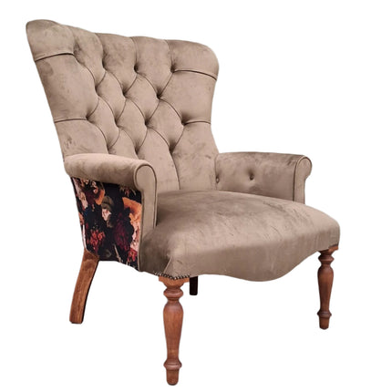 Selfridges Buttoned Wing Back Chair in Plush Khaki & Willow Dusk - New