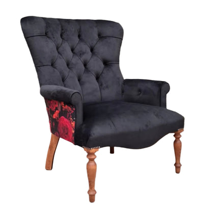 Selfridges Buttoned Wing Back Chair in Plush Ebony & Midnight Haze - New