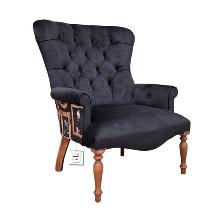 Selfridges Buttoned Wing Back Chair in Plush Ebony & Wall of Portraits - New