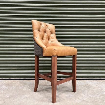 Oskar Bar Stool in Harris Tweed Grey & Tan Leather - Factory Seconds