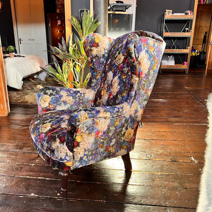 Winston Wingback Accent Chair in Royal Garden Sapphire Velvet