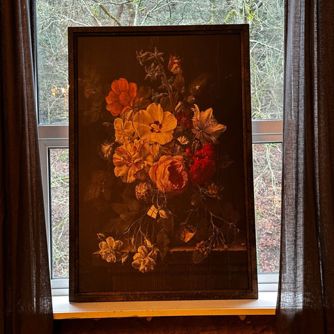 Small Antique Boho Floral Painting Black