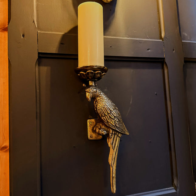 Pair of Large Antique Gold Metal Parrot Wall Sconces