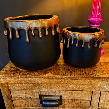 Matt Black Pots with Gold Drip- Set of 2