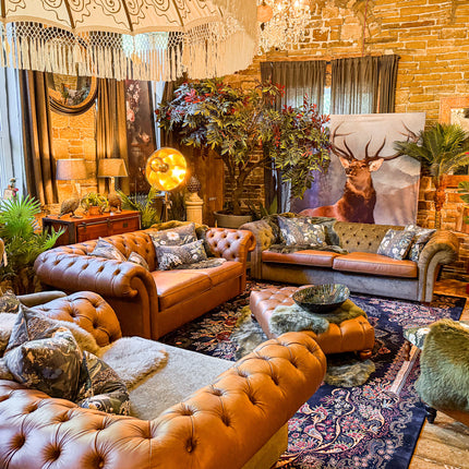 Harvard Chesterfield in Cognac Leather & Green Khaki Velvet