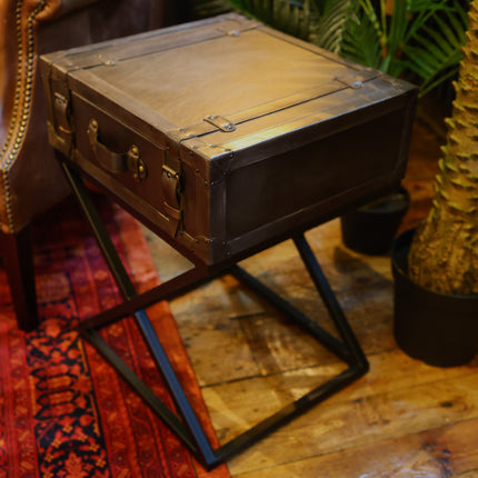 Suitcase/Trunk Side Table in Grey Leather