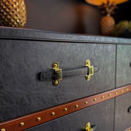 Claridge 6 Drawer Trunk Chest of Drawers in Black Leather - Clearance