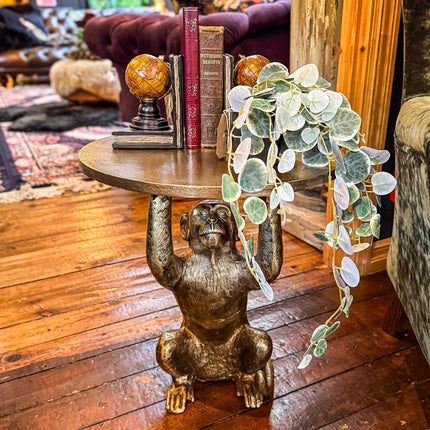 Antique Brass Monkey Holding Round Side Table - Clearance