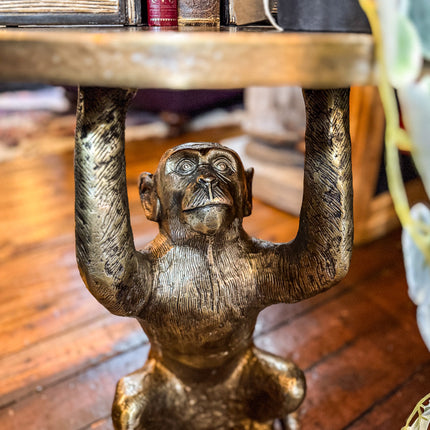 Antique Brass Monkey Holding Round Side Table - Clearance