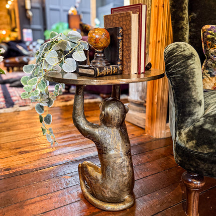 Antique Brass Monkey Holding Round Side Table - Clearance