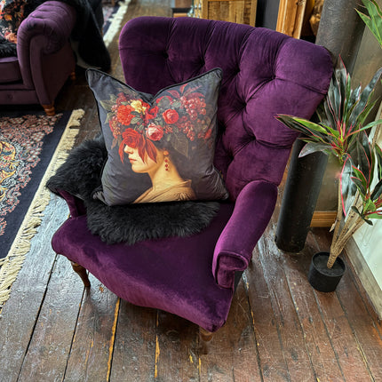 Belgravia Buttoned Wing Chair in Opulence Plum and Dame Rouge Velvet