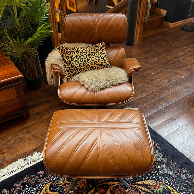 Aviator Eames Style Leather Lounge Chair with Footstool