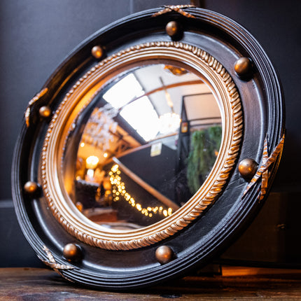 Large Black & Antique Gold Framed Porthole Convex Mirror