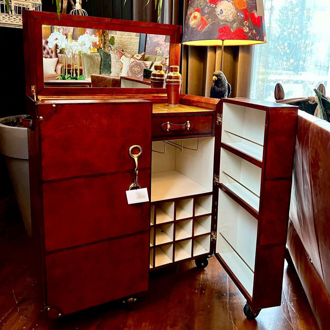 Leather Cognac Bar Cabinet - Handcrafted