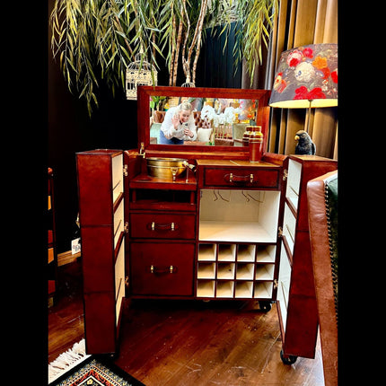 Leather Cognac Bar Cabinet - Handcrafted