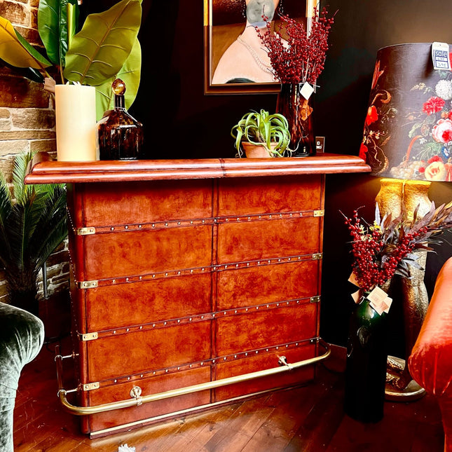 Leather Cognac Bar Counter with Brass Top - Handcrafted