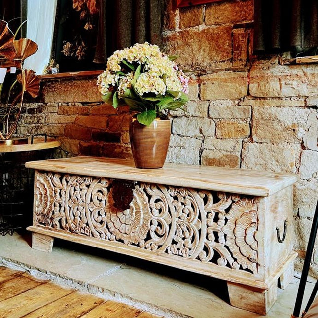 Floral Filigree Carved Storage Bench Cabinet - Mango Wood