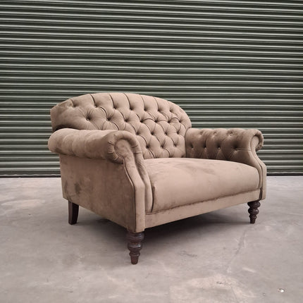 Mayfair Loveseat Snuggler in Plush Khaki Velvet- Ex Display