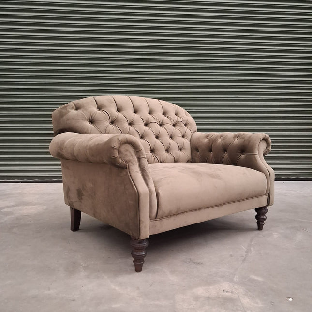 Mayfair Loveseat Snuggler in Plush Khaki Velvet- Ex Display