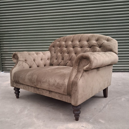 Mayfair Loveseat Snuggler in Plush Khaki Velvet- Ex Display