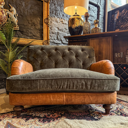 Monty High Back Chesterfield Loveseat Sofa in Saddle Tan & Derwent Olive Velvet
