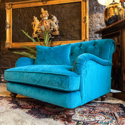 Monty High Back Chesterfield Snuggler Sofa in Opulence Blue Teal Velvet