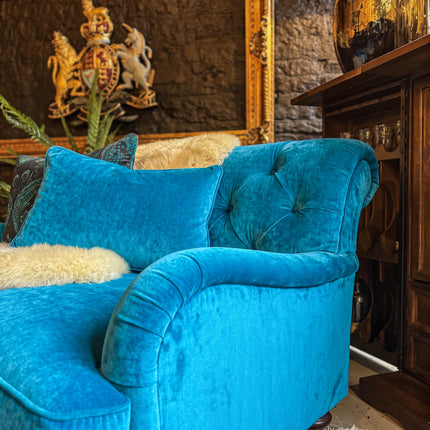 Monty High Back Chesterfield Snuggler Sofa in Opulence Blue Teal Velvet