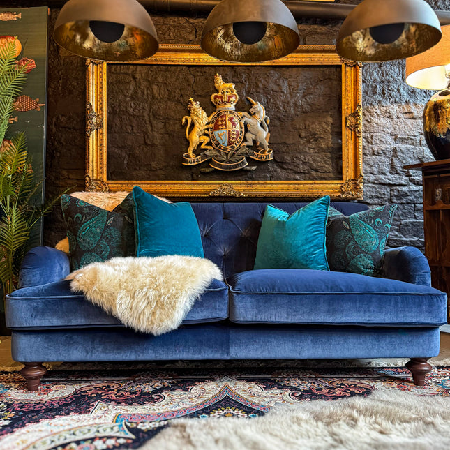 Monty High Back Chesterfield Sofa in Opulence Blue Sapphire Velvet - Clearance