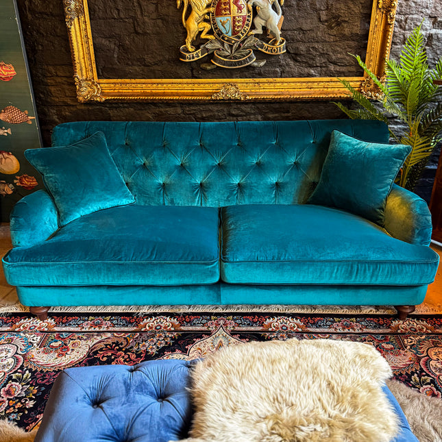 Monty High Back Chesterfield Sofa in Opulence Blue Teal Velvet (Various Sizes) - Clearance