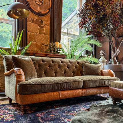 Monty High Back Chesterfield Sofa in Saddle Tan & Derwent Olive Velvet