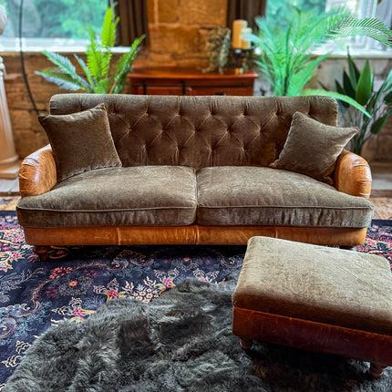 Monty High Back Chesterfield Sofa in Saddle Tan & Derwent Olive Velvet