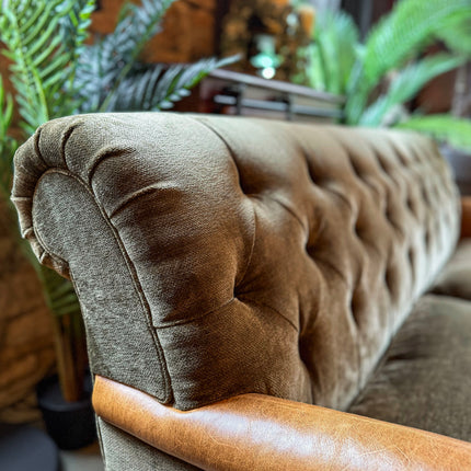 Monty High Back Chesterfield Sofa in Saddle Tan & Derwent Olive Velvet