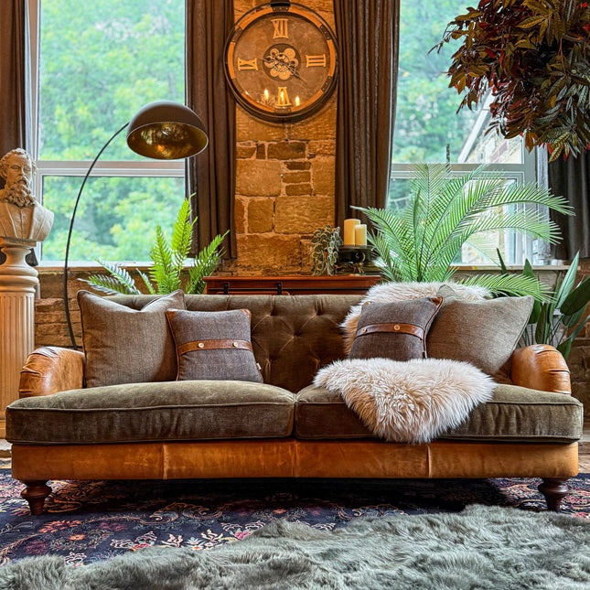 Monty High Back Chesterfield Sofa in Saddle Tan & Derwent Olive Velvet
