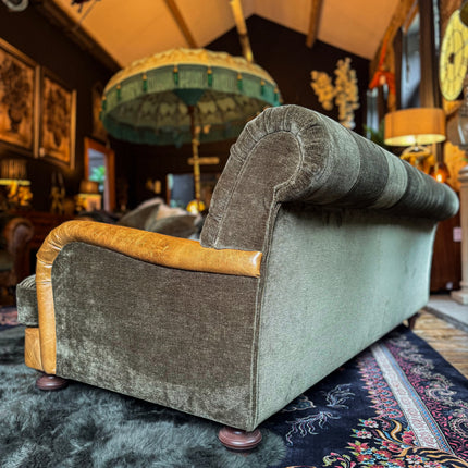 Monty High Back Chesterfield Sofa in Saddle Tan & Derwent Olive Velvet