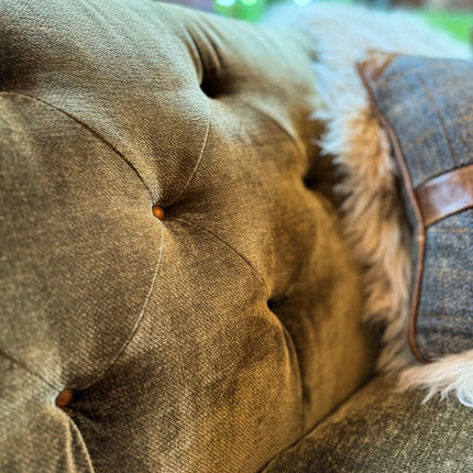 Monty High Back Chesterfield Sofa in Saddle Tan & Derwent Olive Velvet