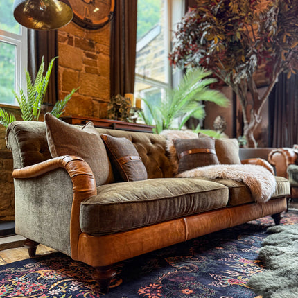 Monty High Back Chesterfield Sofa in Saddle Tan & Derwent Olive Velvet