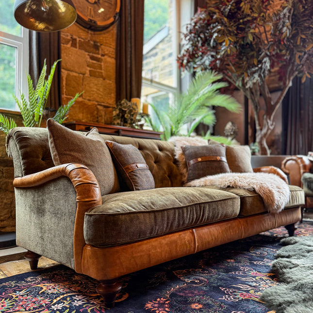 Monty High Back Chesterfield Sofa in Saddle Tan & Derwent Olive Velvet