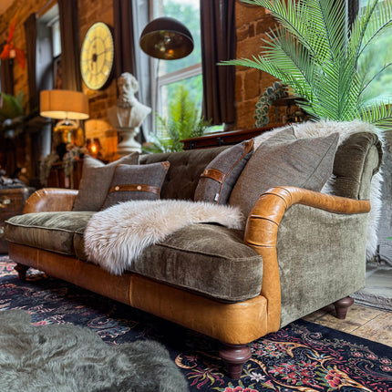 Monty High Back Chesterfield Sofa in Saddle Tan & Derwent Olive Velvet