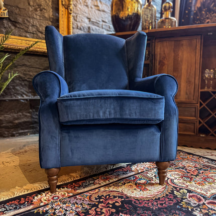 Monty High Back Chesterfield Wingback Armchair in Opulence Sapphire Velvet