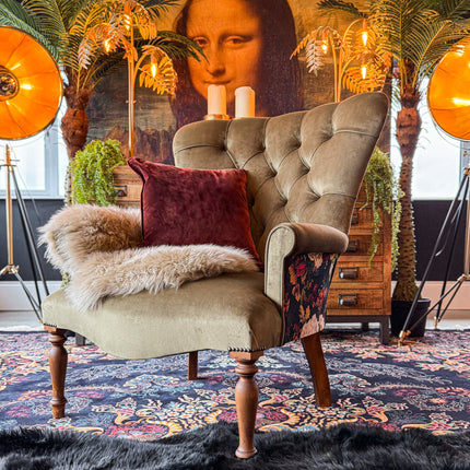 Selfridges Buttoned Wing Back Chair in Plush Khaki & Willow Dusk - New