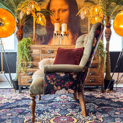 Selfridges Buttoned Wing Back Chair in Plush Khaki & Willow Dusk - New