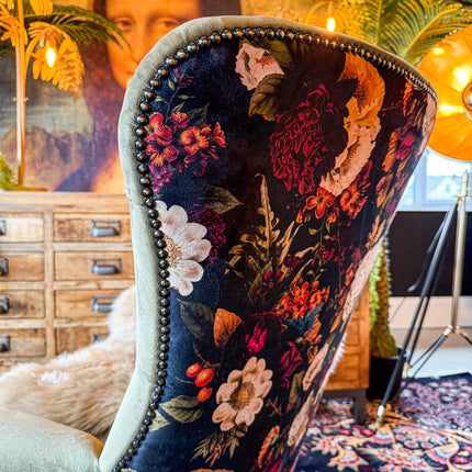 Selfridges Buttoned Wing Back Chair in Plush Khaki & Willow Dusk - New