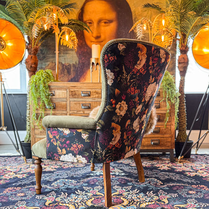 Selfridges Buttoned Wing Back Chair in Plush Khaki & Willow Dusk - New