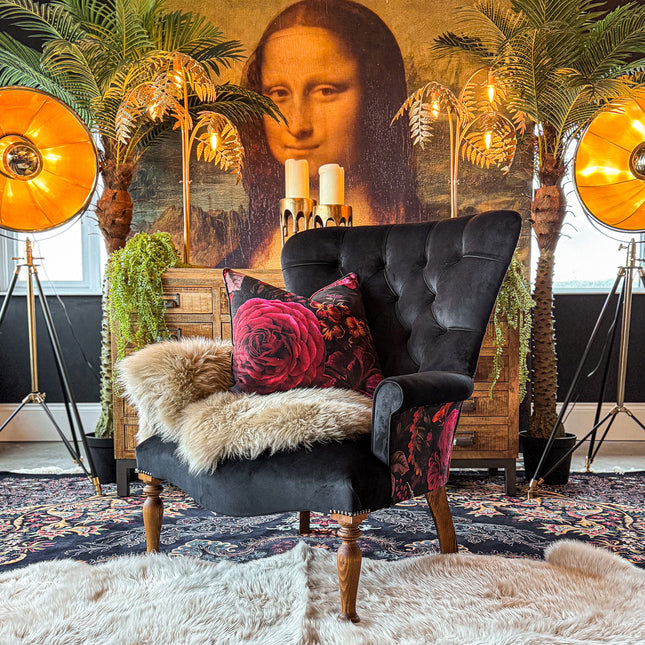 Selfridges Buttoned Wing Back Chair in Plush Ebony & Midnight Haze - New