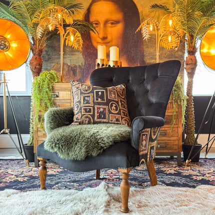 Selfridges Buttoned Wing Back Chair in Plush Ebony & Wall of Portraits - New