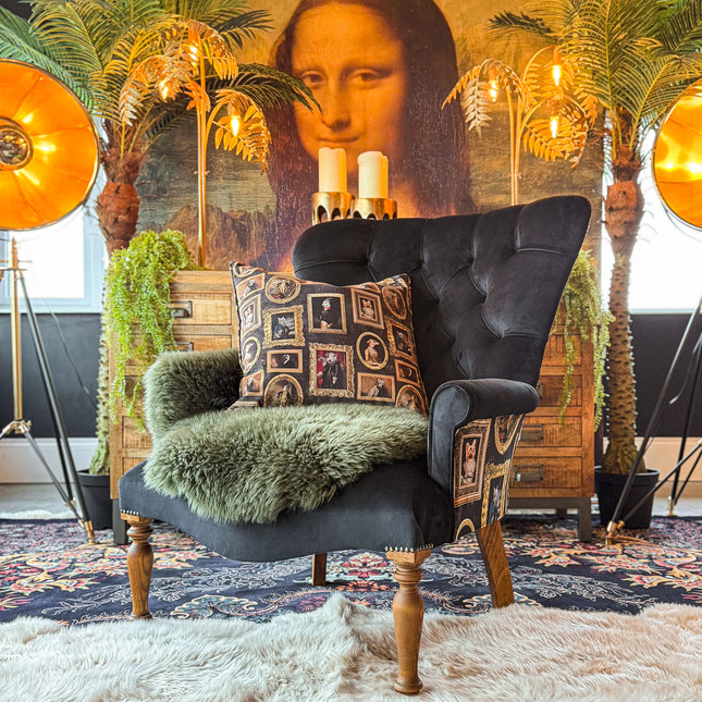Selfridges Buttoned Wing Back Chair in Plush Ebony & Wall of Portraits - New