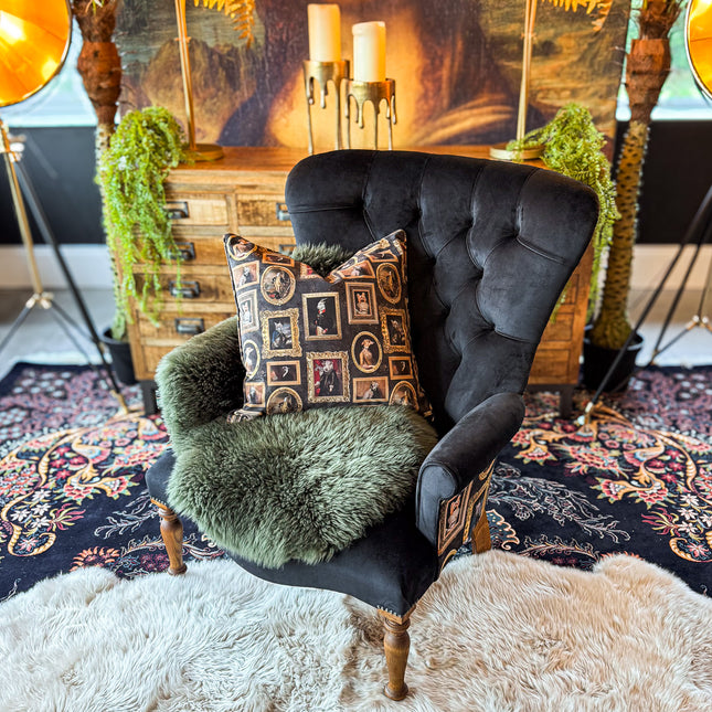 Selfridges Buttoned Wing Back Chair in Plush Ebony & Wall of Portraits - New