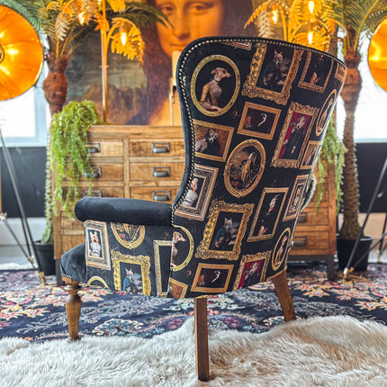 Selfridges Buttoned Wing Back Chair in Plush Ebony & Wall of Portraits - New