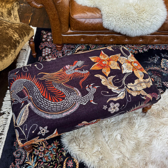 New - Selfridges Deluxe Buttoned Footstool in Imperial Phoenix Dragon Velvet